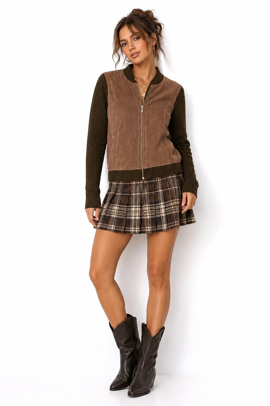 Y2K Genuine Suede & Rib Knit Bomber Jacket Zip Up Boho Womens S Western Indie